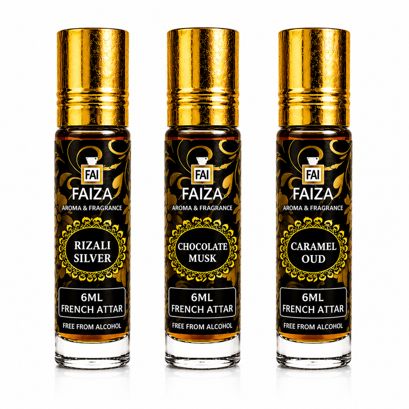 Faiza Aroma Luxury Attar Collection – 3 Pcs Premium French Attar Gift Set