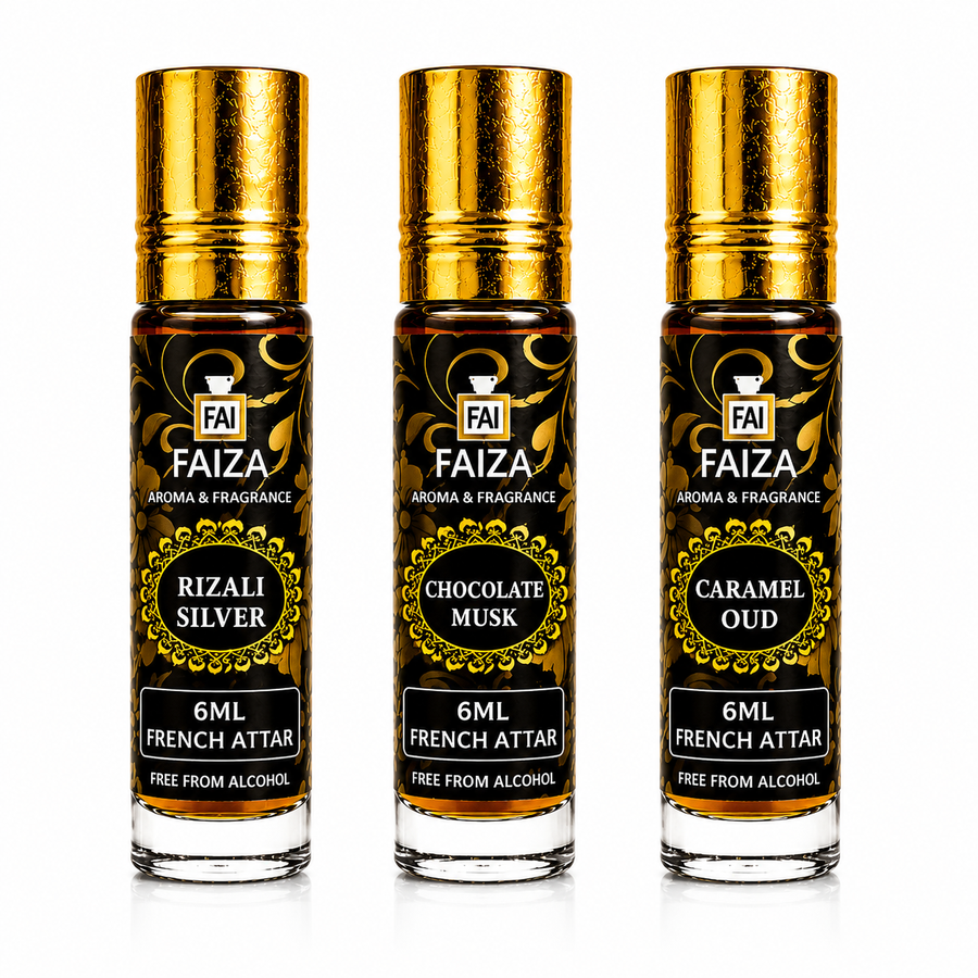 Faiza Aroma Luxury Attar Collection – 3 Pcs Premium French Attar Gift Set