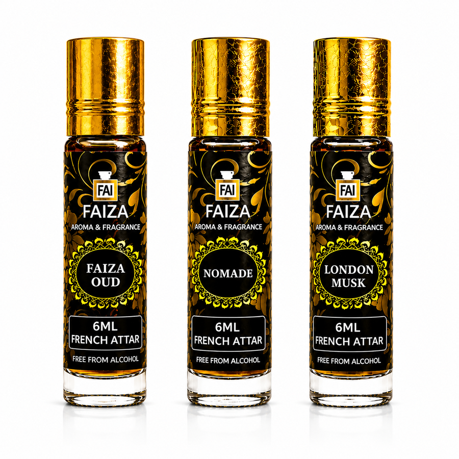 Faiza Aroma Premium Attar Collection – 3 Pcs Luxury French Attar Gift Set